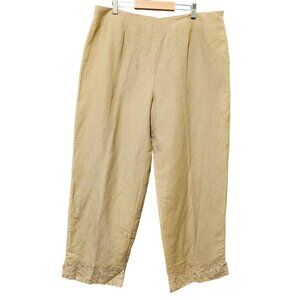 Kenar Pants Womens Sz 16 Linen Blend Brown Embroidered Floral Wide Leg‎ Side Zip
